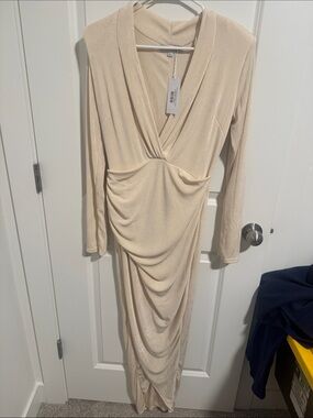Baltic Born Long Sleeve Cream Draped V-Neck Maxi Dress